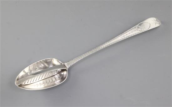 A George III Irish silver strainer spoon, by John Osborne, Length; 315mm Weight: 4.5oz/140 grms